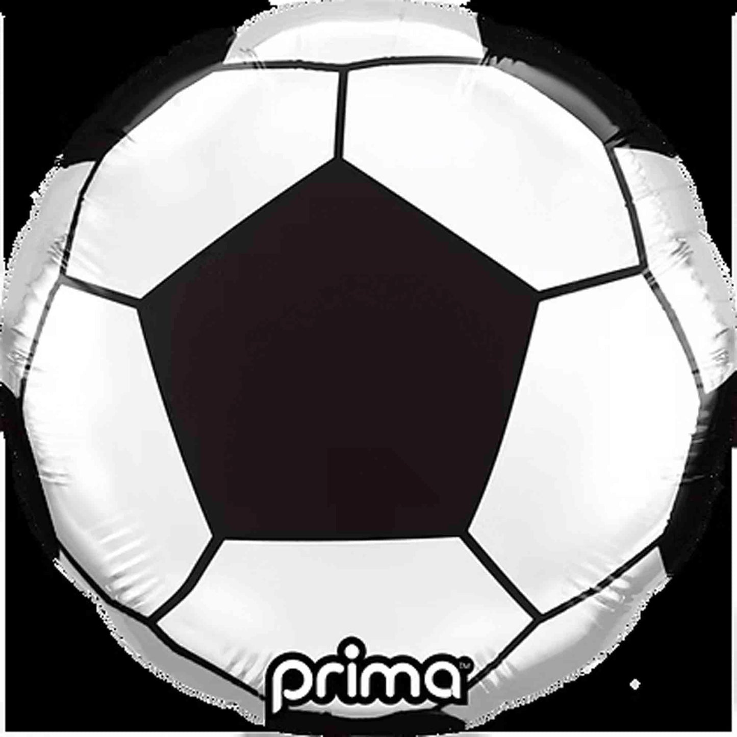 Black and white pentagon-hexagon patterned 9-inch inflatable soccer ball with Prima logo.