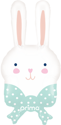 White air-filled balloon shaped like a bunny head with long pink ears and a teal polka-dot bow at the base.