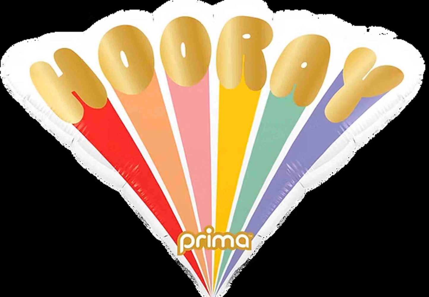 20-inch colorful burst-shaped balloon with "HOORAY" in gold letters and rainbow stripes.