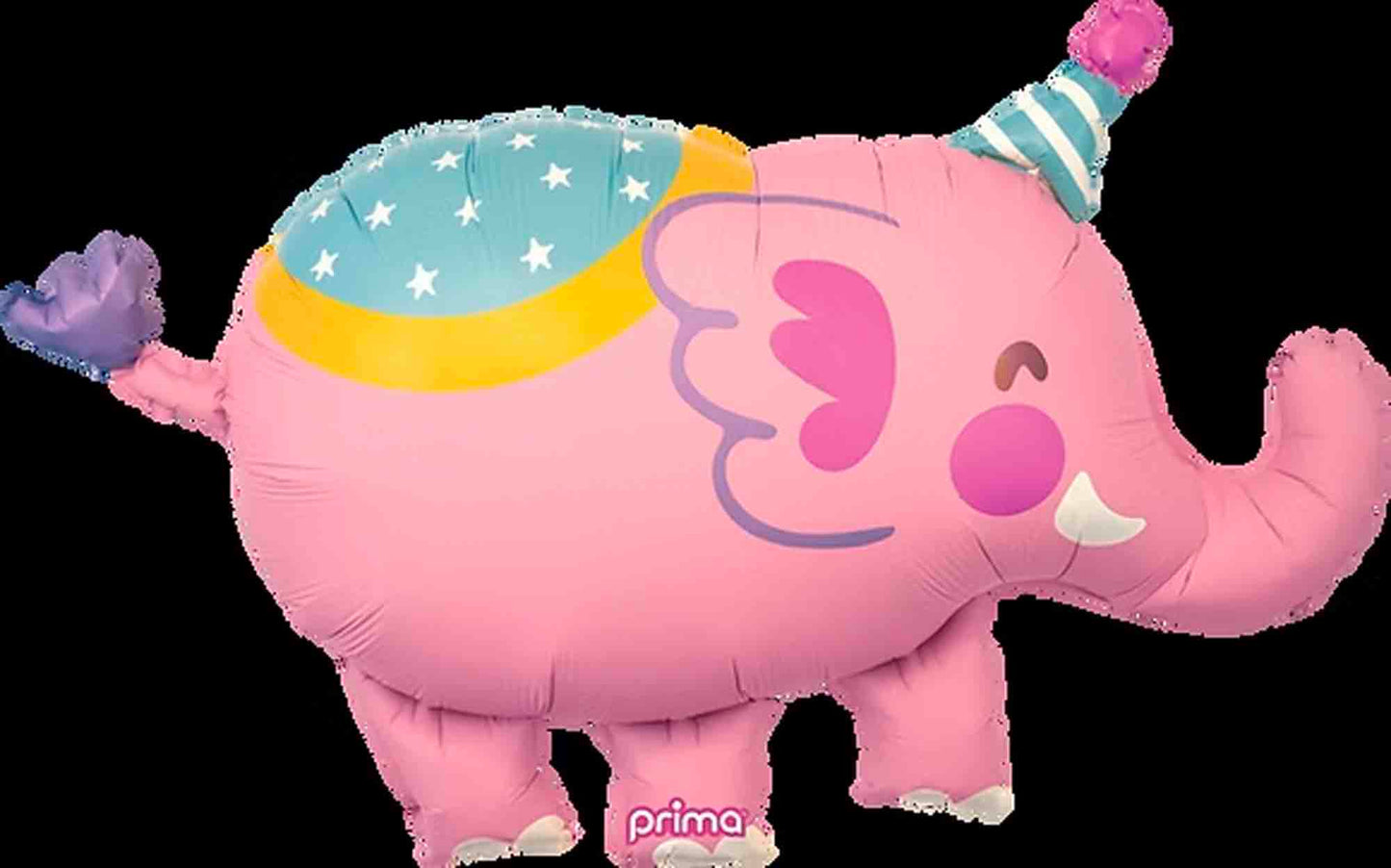 Pink circus elephant balloon with blue and white star saddle and striped party hat.