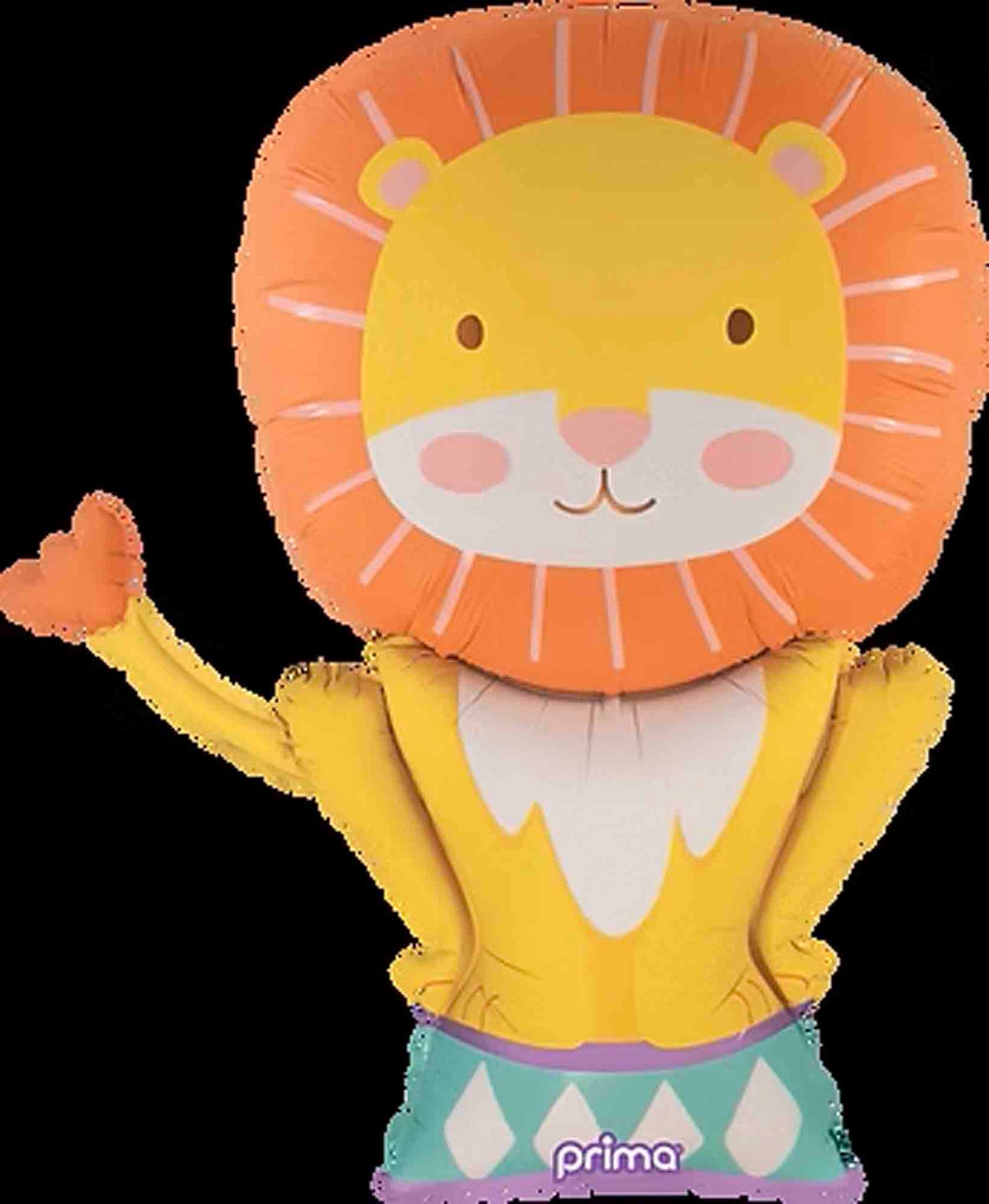 Yellow and orange inflatable lion toy with a round mane and diamond-patterned pants.
