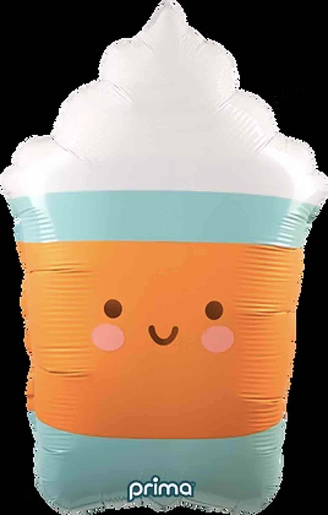 Inflatable coffee cup balloon with orange body, teal band, white whipped cream top, and smiling face with pink cheeks.