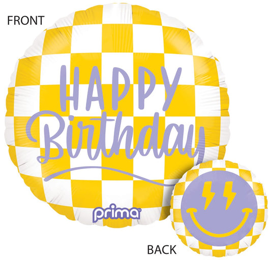 Prima  Round Happy Face Checker Birthday 18 inch Foil Balloon 1ct