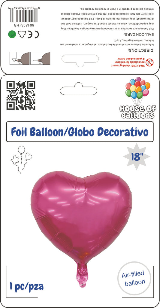 House of Balloons Fuchsia Rose Heart 18 inch Foil Balloon 1ct