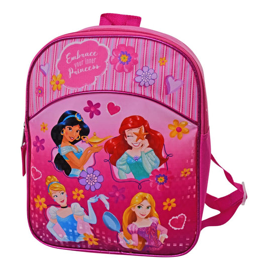 Pink mini backpack with Disney princesses, floral patterns, and "Embrace your inner princess" text.