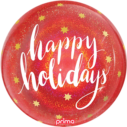 Red glitter sphere balloon with white "happy holidays" script and gold star accents.