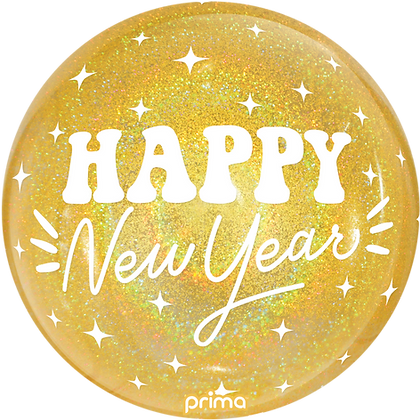 20-inch round gold glitter balloon with "Happy New Year" in white script and bold letters.