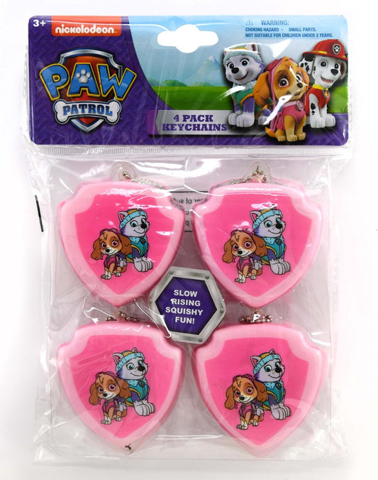 Set of four pink heart-shaped Paw Patrol squishy keychains featuring Skye, soft and squeezable rubber material.