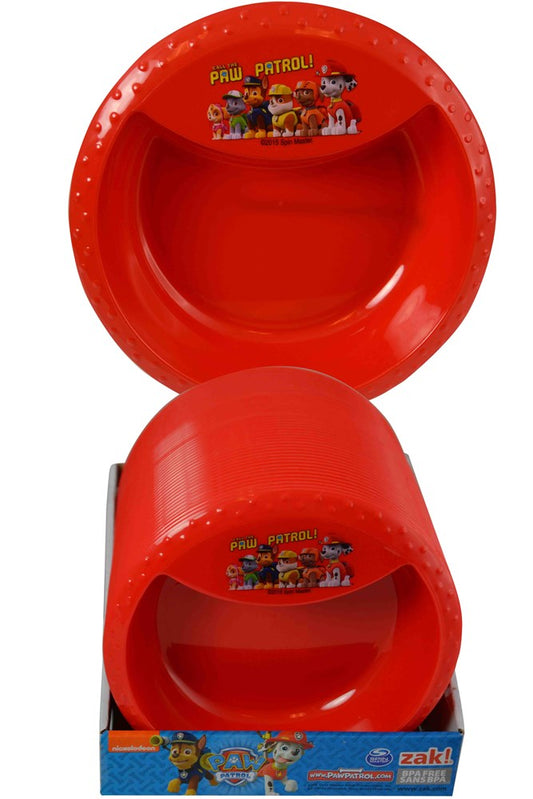 Red plastic divided bowl with Paw Patrol characters and diamond-patterned rim.