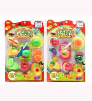 Colorful plastic fruit and vegetable kitchen play set with slicing toy pieces in blister packaging.
