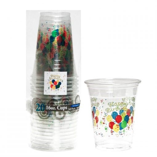 Clear plastic 16oz cups with colorful balloons and "Happy Birthday" text, pack of 20.