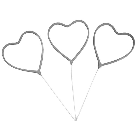 Set of three silver heart-shaped sparklers with thin metal stems.