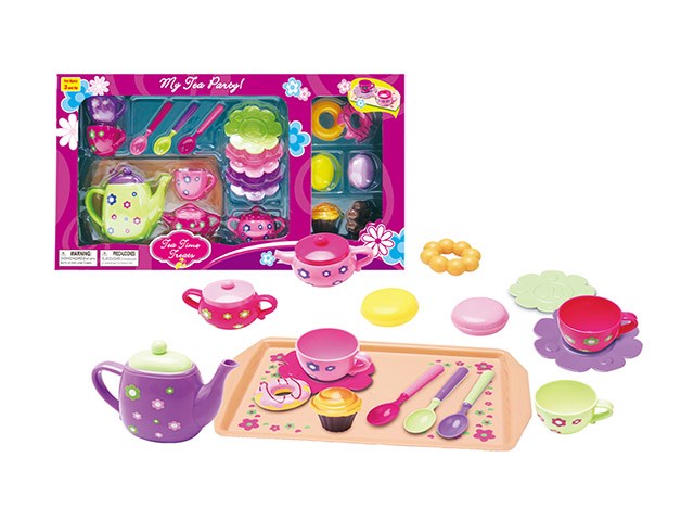 Colorful kids’ tea play set with purple teapot, cups, saucers, utensils, and toy pastries on a serving tray.