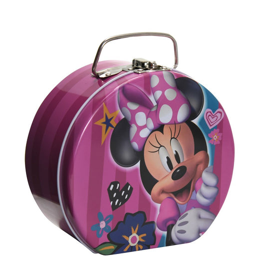 Pink semi-round metal tin box with Minnie Mouse face, bow, clasp, and silver handle.