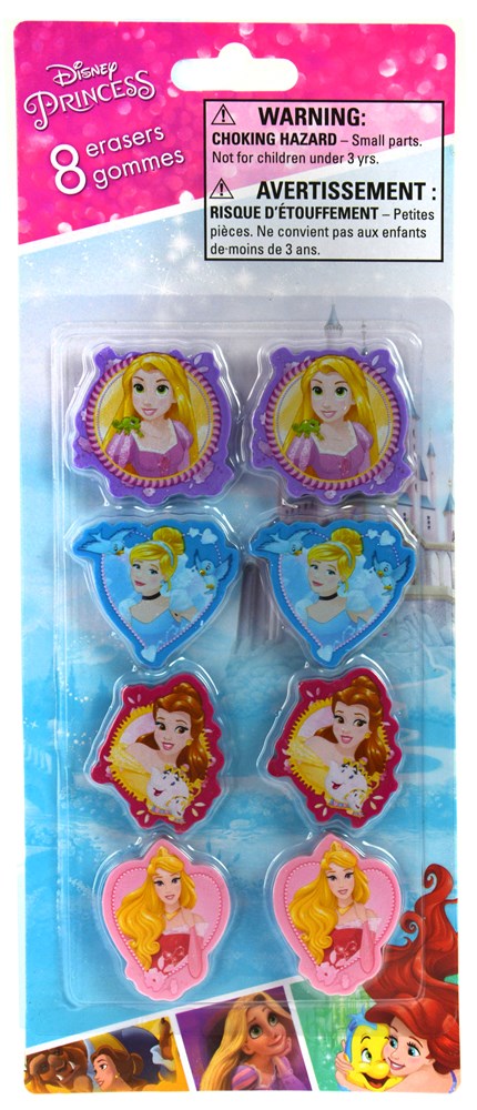 Set of eight Disney Princess-themed erasers in heart and flower shapes with colorful princess illustrations.