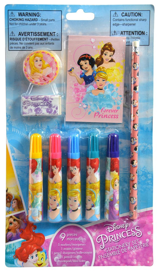 Disney Princess 9-piece stationery set with colorful markers, pencil, sharpener, eraser, and mini notepad featuring princess