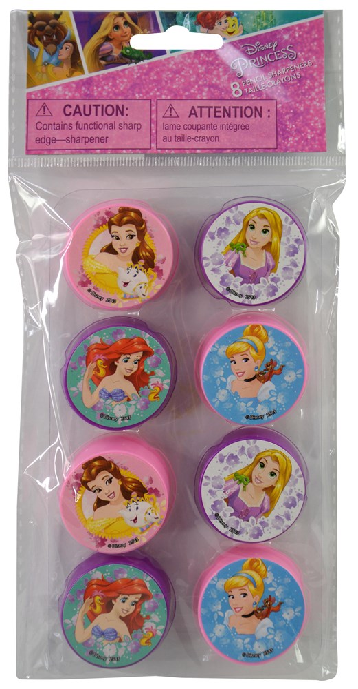 Set of eight round pencil sharpeners featuring Disney princesses Ariel, Belle, Cinderella, and Rapunzel in pink, purple, and