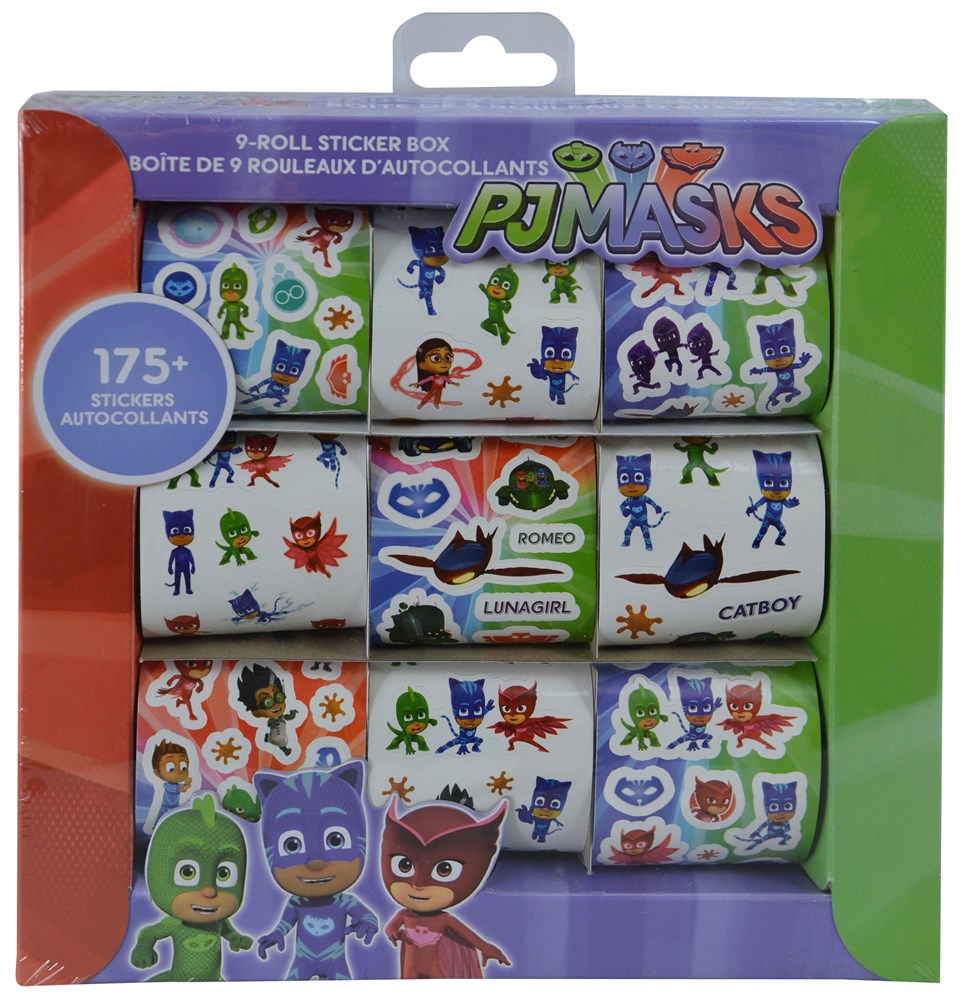 Nine rolls of colorful PJ Masks stickers featuring characters and symbols on white background in a green and purple.