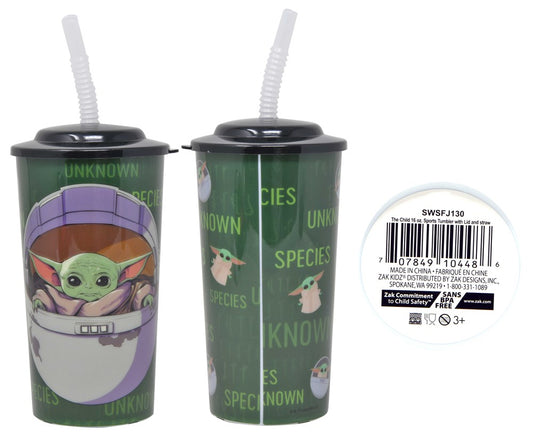 Green 16oz sports tumbler featuring The Child in a pod with black lid and clear flexible straw.