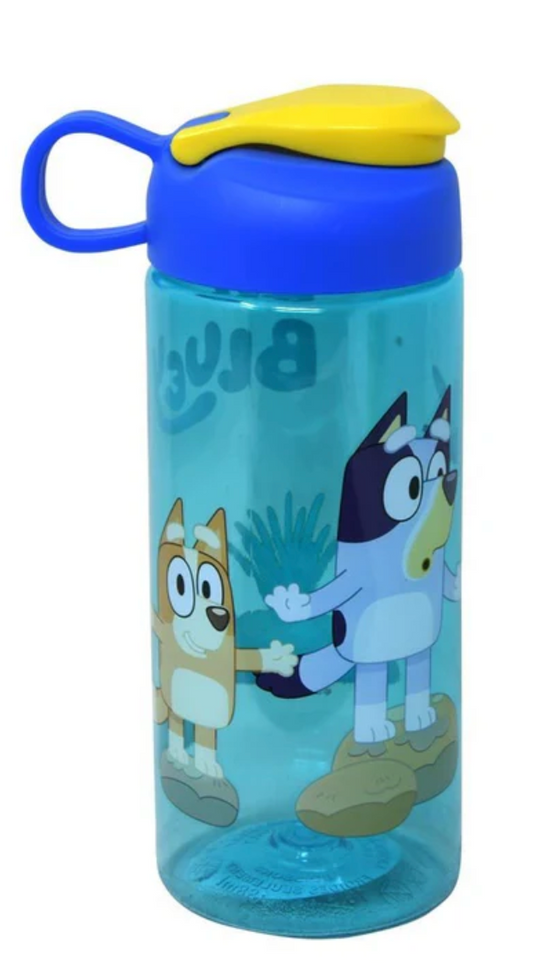 Blue transparent water bottle with blue lid, yellow flip spout, and cartoon Bluey characters design.