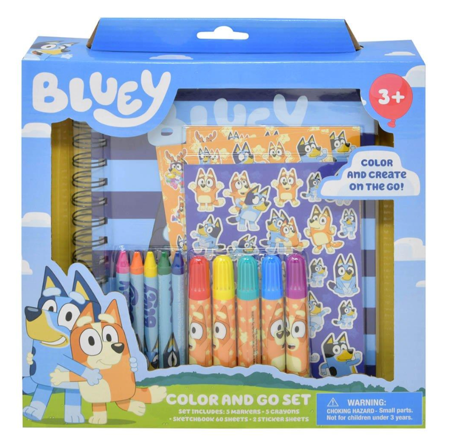 Bluey Color and Go Set with spiral-bound coloring pad, six colorful markers, and six crayons in a blue box with Bluey.