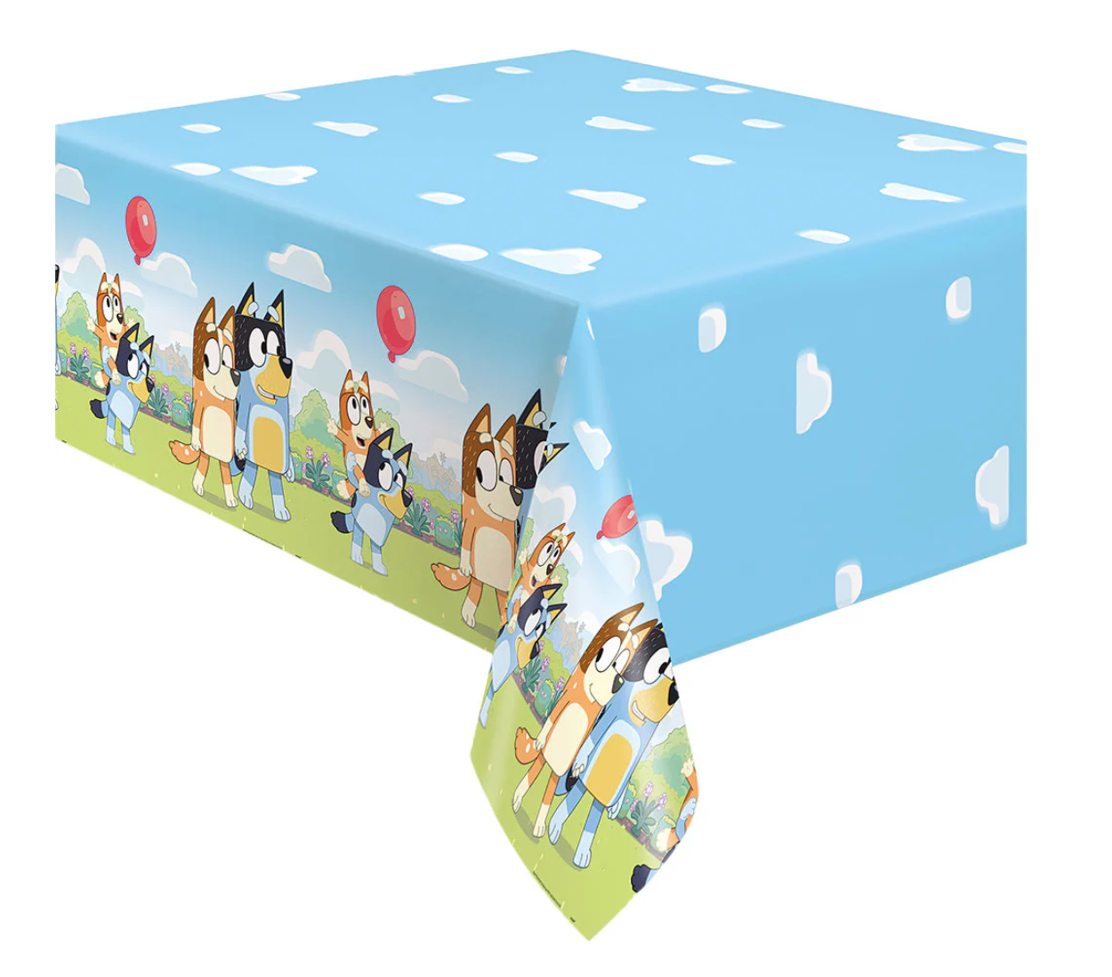 Blue tablecover with white clouds and Bluey cartoon characters holding balloons and toys along the edges.