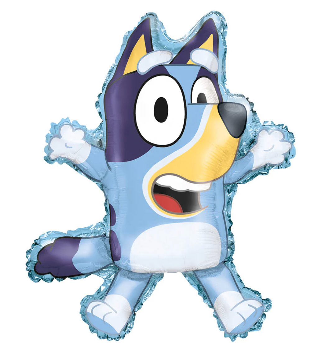 Blue and purple cartoon dog-shaped foil balloon with white belly and paws, 28 inches tall.