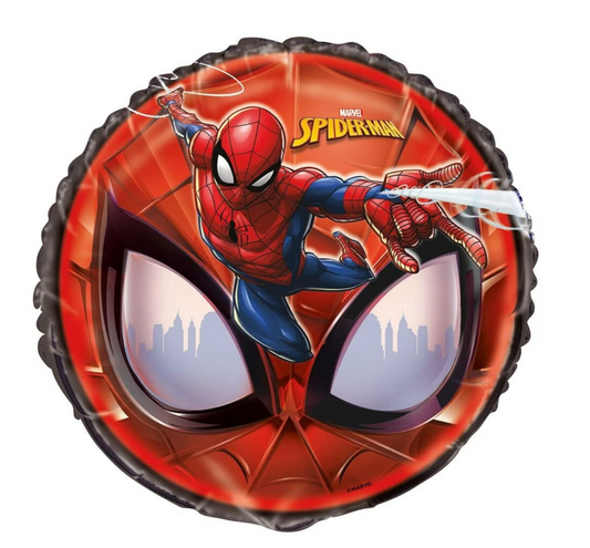 Round foil balloon featuring Spider-Man in red and blue suit shooting web, with large spider eyes and city skyline.