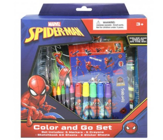 Spider-Man Color and Go Set with markers, crayons, sketchbook, and themed packaging in red and blue colors.
