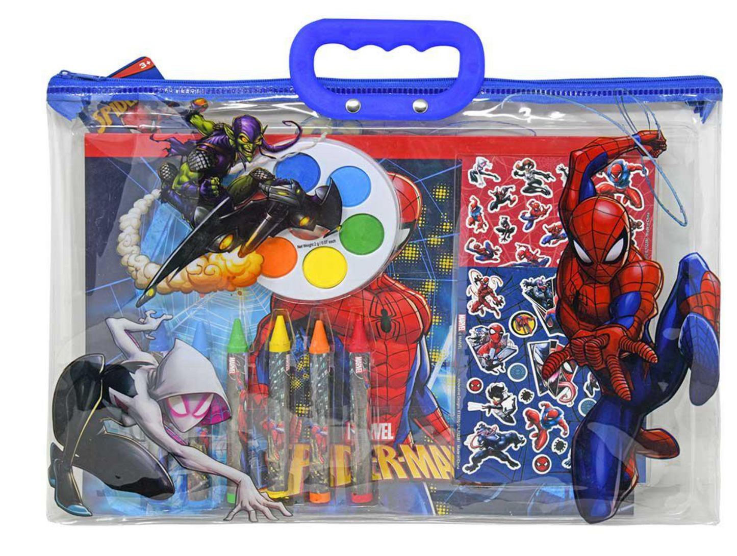 Clear zippered tote with blue handle containing Spiderman-themed stationery, including crayons, paint palette, stickers, and