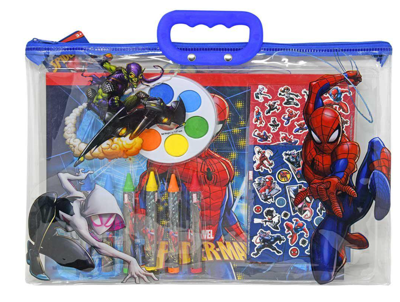 Clear zippered tote with blue handle containing Spiderman-themed stationery, including crayons, paint palette, stickers, and