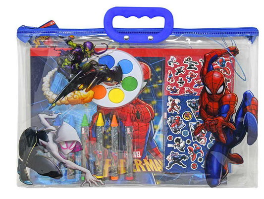 Clear zippered tote with blue handle containing Spiderman-themed stationery, including crayons, paint palette, stickers, and