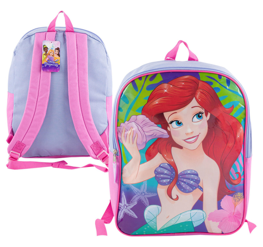 15-inch backpack with pink straps and a colorful front featuring Ariel from The Little Mermaid and underwater sea life.