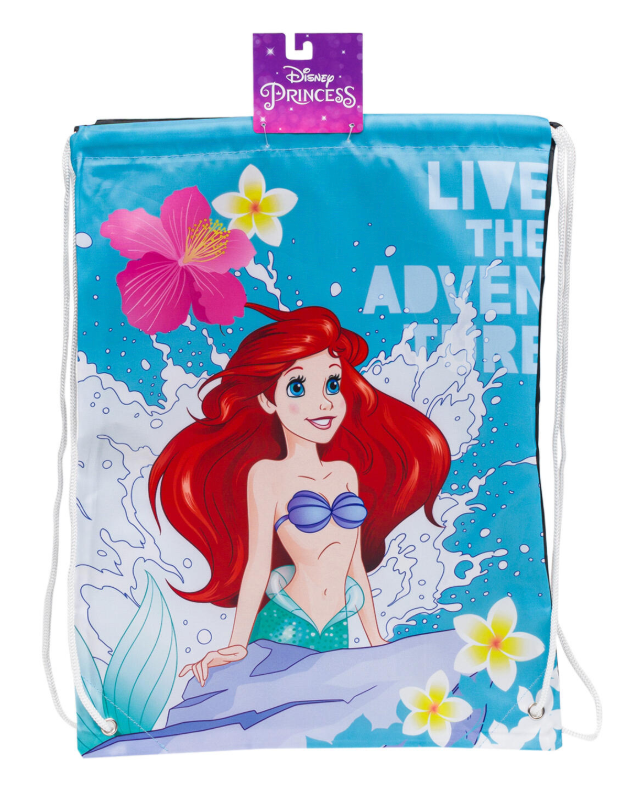 Blue Little Mermaid cinch bag with Ariel graphic, pink hibiscus and yellow plumeria flowers, white drawstring straps, and.