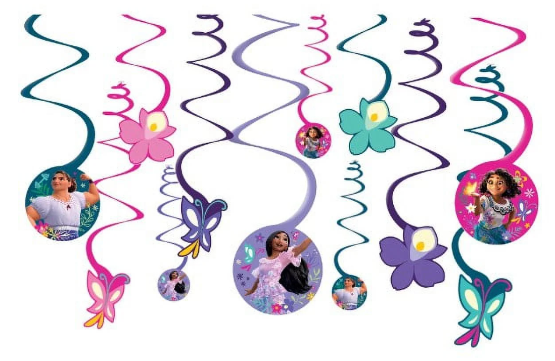 12 colorful spiral hanging decorations with butterfly and flower cutouts and Encanto character circles.