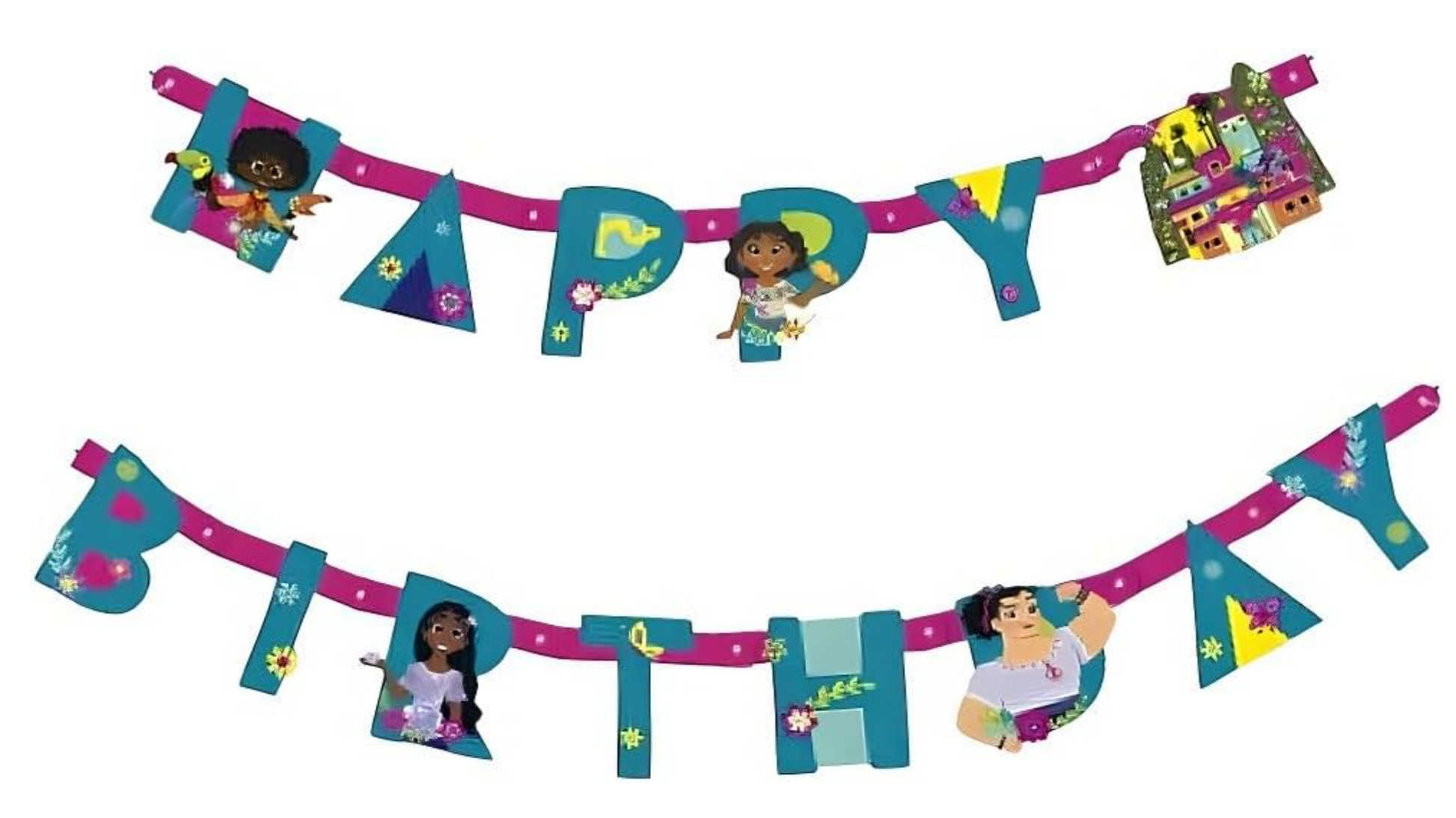 Colorful Encanto-themed party banner with characters, blocks, and festive letters spelling Happy Birthday.