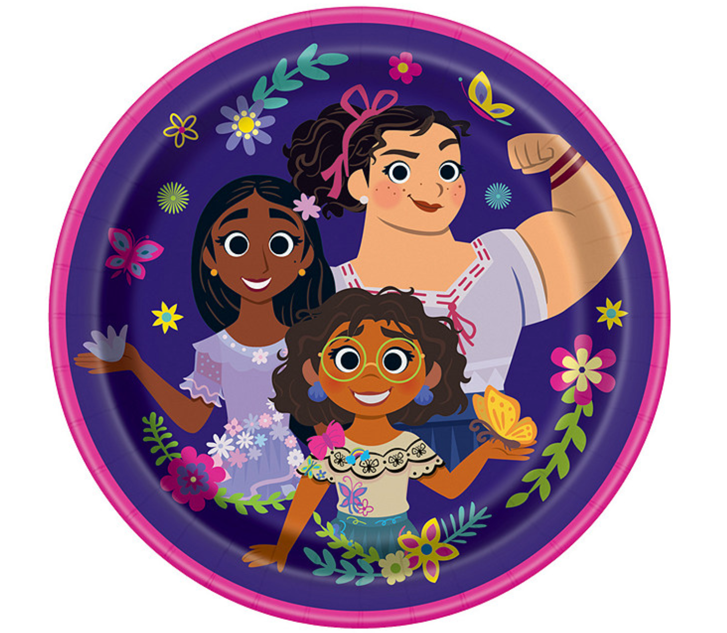 Round 9-inch paper plate with Encanto characters, purple background, pink rim, and colorful floral accents.