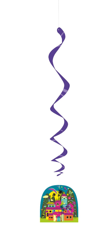 Purple hanging swirl decoration with a colorful Encanto-themed paper cutout featuring a vibrant village scene at the bottom.