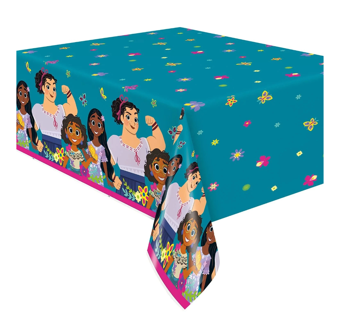 Teal plastic tablecover with colorful floral patterns and Encanto characters along the edges.