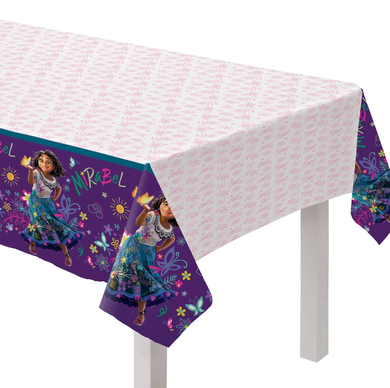 Rectangular plastic tablecover with white and pink patterned center and purple edges featuring a colorful illustration of.