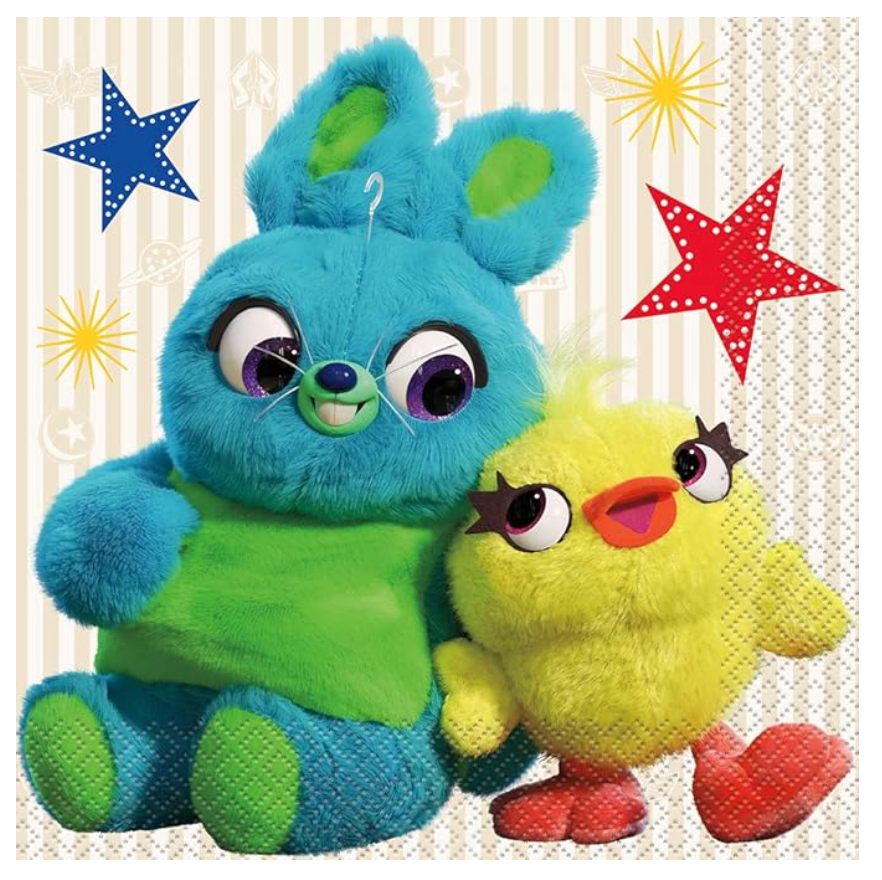 Blue and green plush Bunny with large eyes and yellow plush Chick with red feet on beige background with red and blue stars.