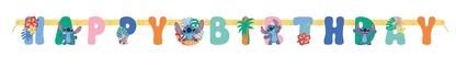 Colorful jointed banner spelling "Happy Birthday" featuring Lilo and Stitch characters on each letter with playful fonts.