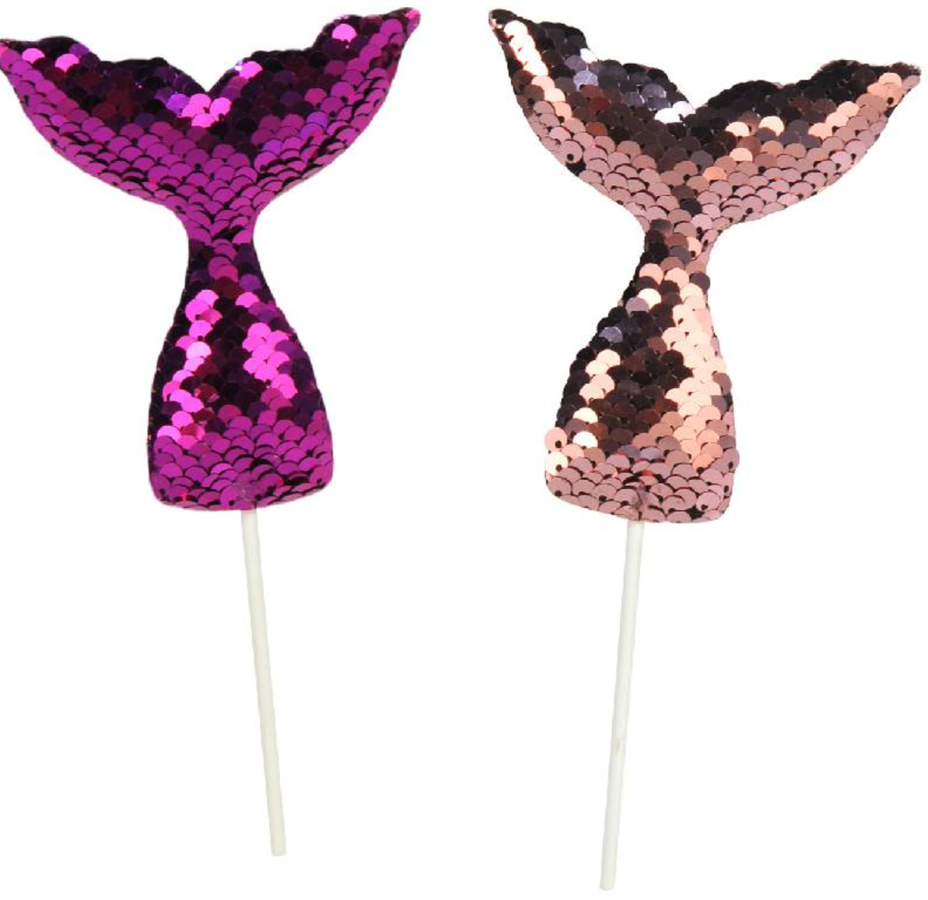 Two mermaid tail picks covered in reversible sequins, one bright pink and the other rose gold, each on a white stick.
