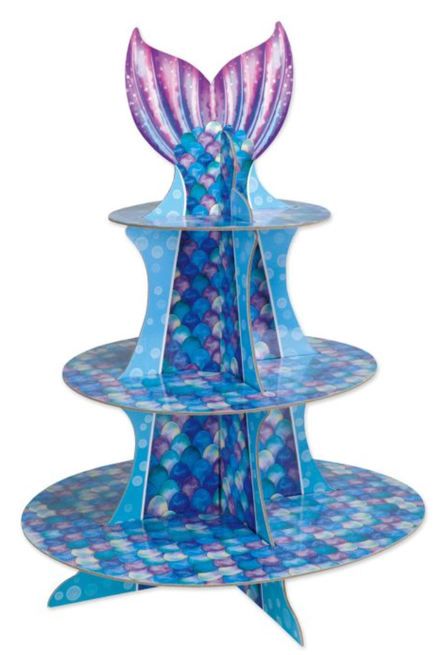 Three-tier mermaid cupcake stand with blue and purple scale patterns and a glittery pink mermaid tail topper.
