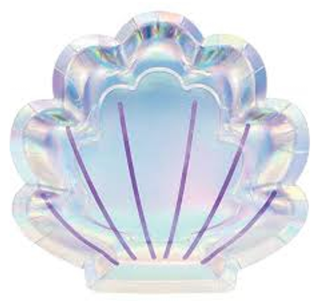 Iridescent 9-inch shell-shaped plate with purple line accents, glossy finish, set of 8.