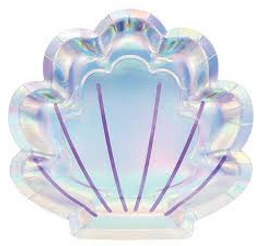 Iridescent 9-inch shell-shaped plate with purple line accents, glossy finish, set of 8.