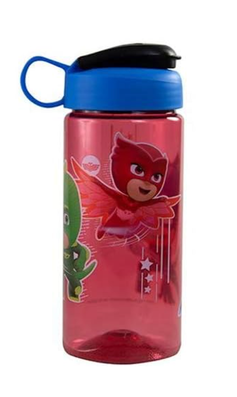 Red translucent plastic water bottle with blue lid and PJ Masks superhero characters on front.
