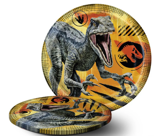 Round 9-inch paper plate with roaring T-Rex and velociraptor, orange and black Jurassic World 3 design.