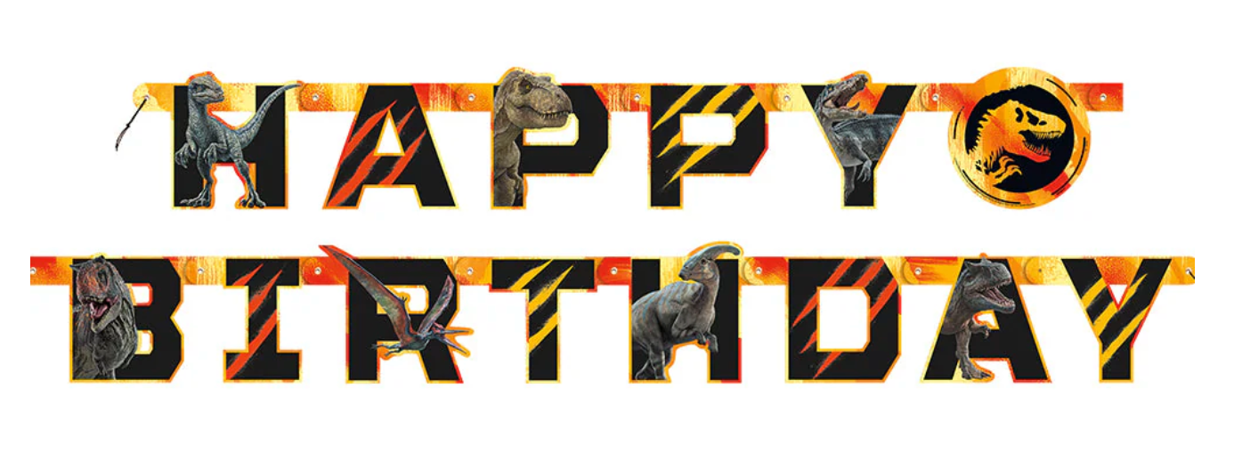 Colorful Jurassic World 3 joint banner with dinosaur silhouettes on black and orange letters spelling "Happy Birthday".