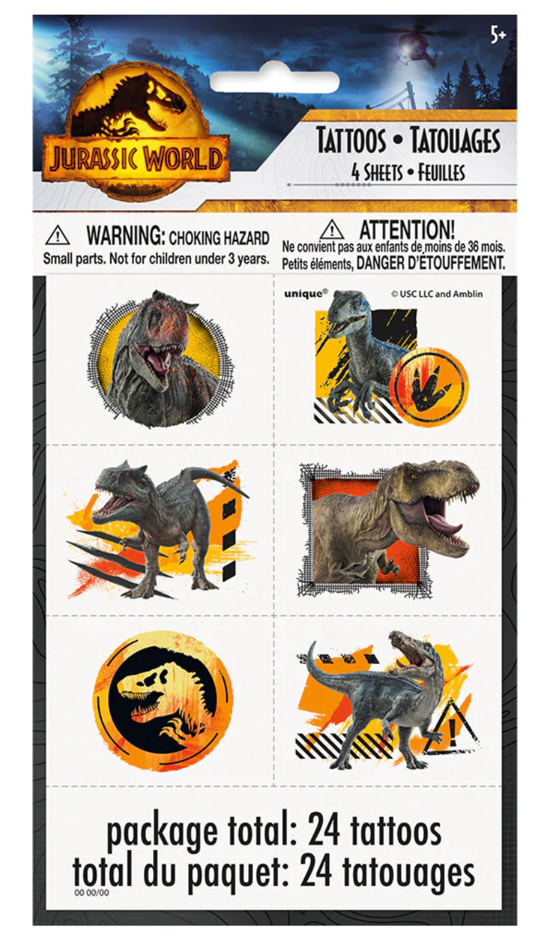 Set of 24 Jurassic World 3 temporary tattoos featuring dinosaurs, logos, and action scenes in vibrant colors on white.